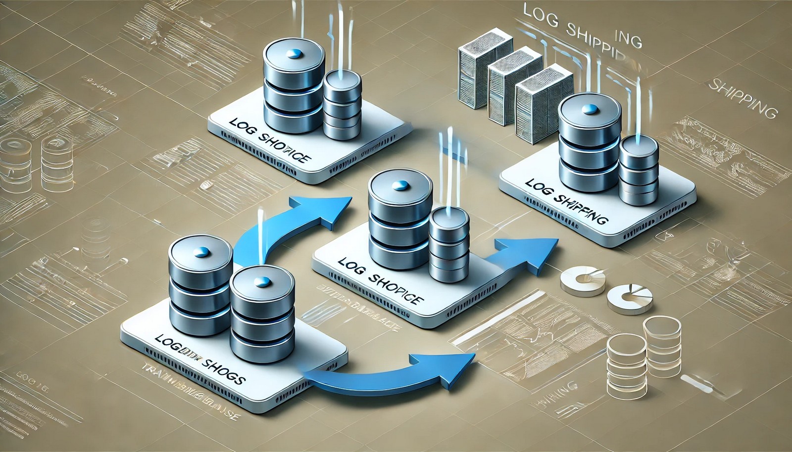 A conceptual illustration of Log Shipping, showing a primary database transferring data logs to a secondary database. Arrows indicate the scheduled, automated flow of transaction logs ensuring synchronization and backup.