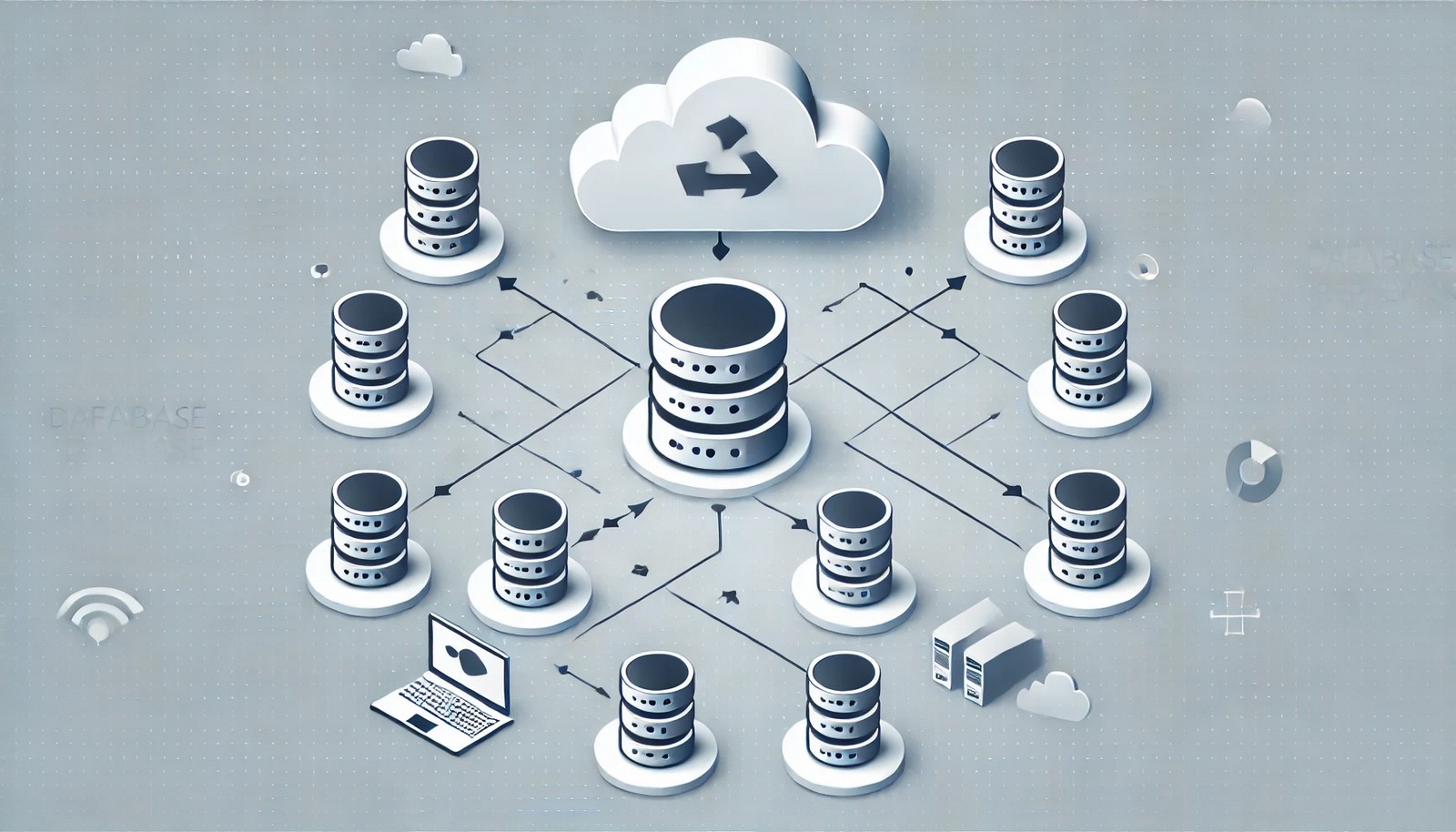 A conceptual illustration of database replication, depicting a central primary database server with multiple connected replica nodes. Arrows indicate data synchronization, showing the distribution of data across systems in a minimalistic style.