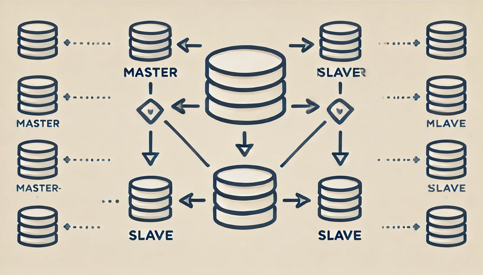 A clean, minimalistic digital illustration of Master-Slave Replication in databases. A central master database icon connects to multiple slave database icons, with arrows showing data replication. The design is simple and neutral.
