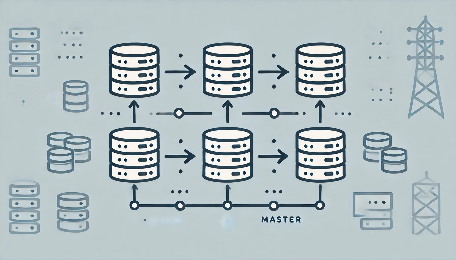 A minimalistic digital illustration depicting multiple interconnected database servers, each symbolizing a master node. Bidirectional arrows indicate real-time data synchronization, emphasizing the concept of Multi-Master Replication in distributed database systems.