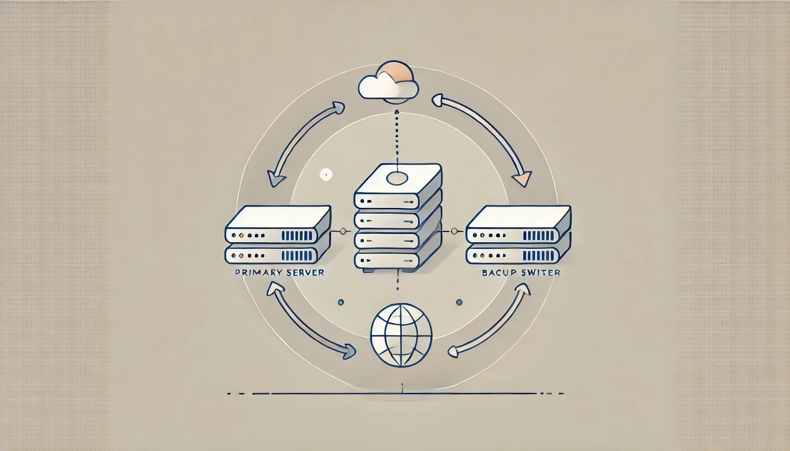  A minimalist illustration showing a failover mechanism in a computer network, where a primary server fails and an automated switch activates a backup server, ensuring system continuity. Smooth gradients and modern design.