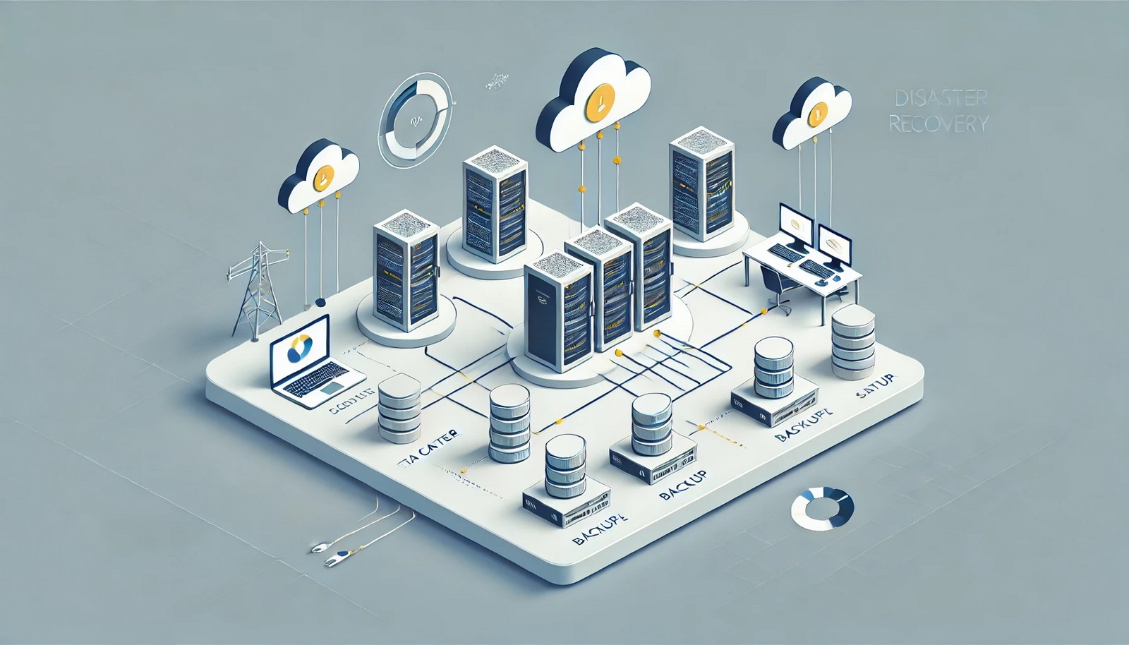 A digital illustration of a disaster recovery site setup, featuring a primary data center connected to a backup site. Cloud storage, server racks, and network cables highlight redundancy and business continuity.