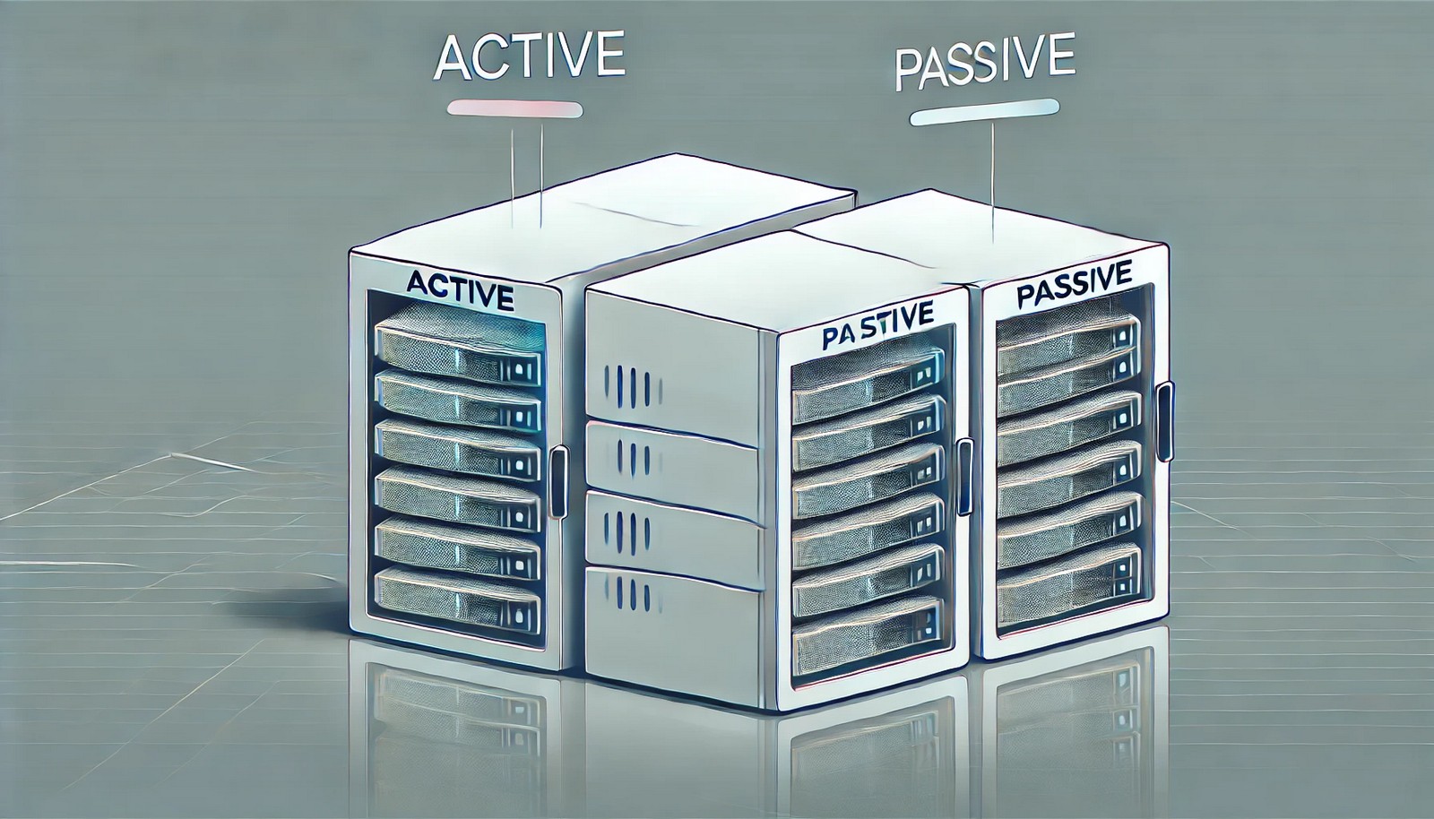 A futuristic, minimalist illustration of active-passive clustering featuring two server racks. One is active with visible data flow, while the other remains passive, ready to take over if needed. No text present.