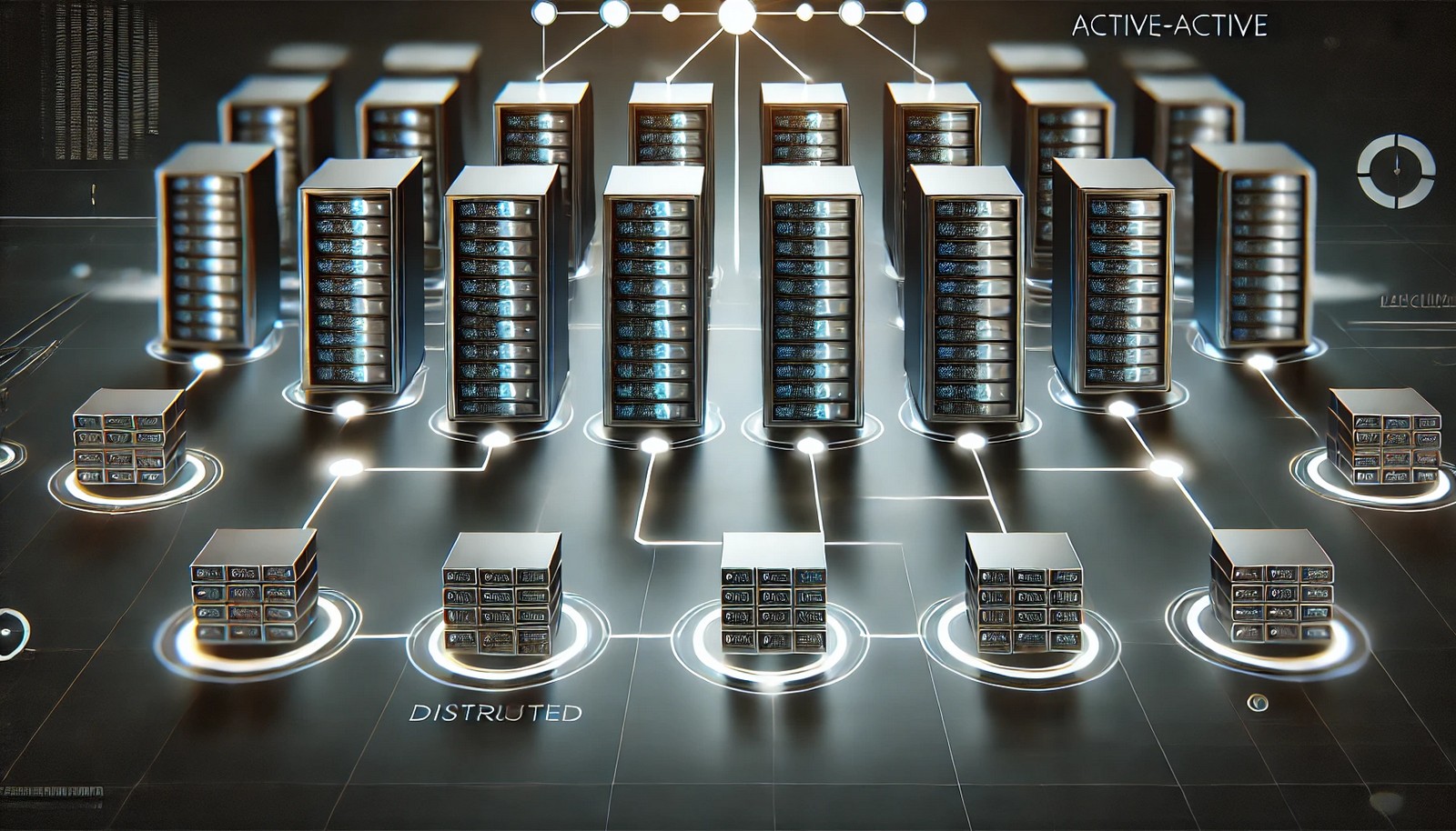 A futuristic digital illustration of active-active clustering, showing multiple interconnected servers managing traffic simultaneously. The glowing connections between the servers represent redundancy, load balancing, and fault tolerance in a high-availability system.