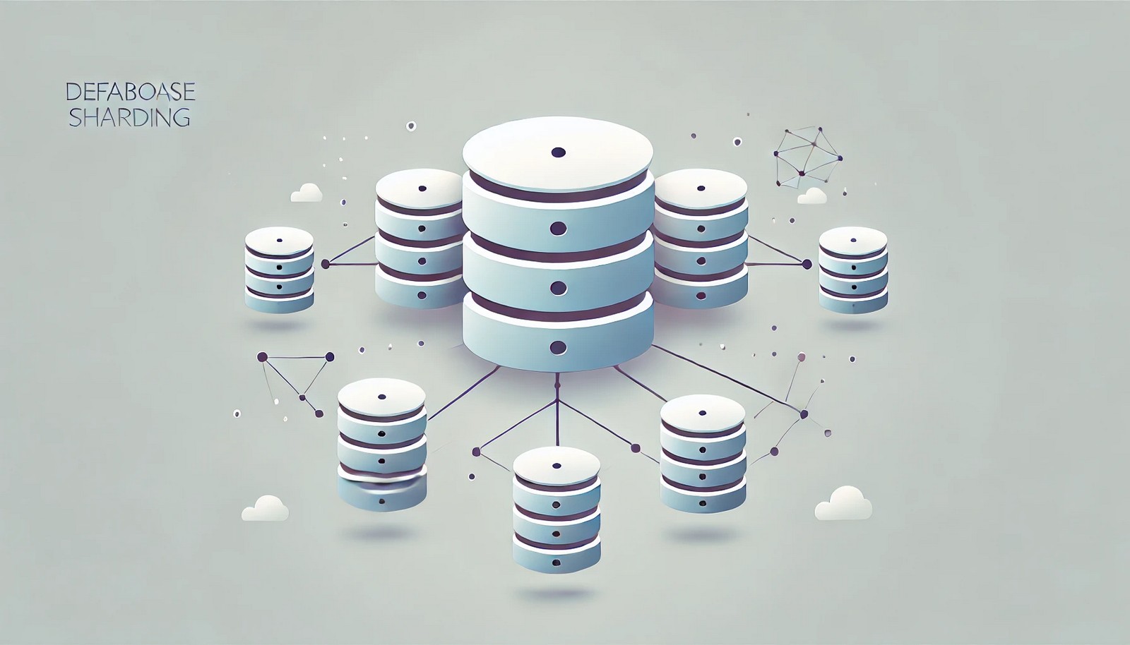 A minimalistic digital illustration of database sharding, showing a large central database splitting into multiple distributed nodes. Each shard appears as an independent database in a connected system, using soft colors and smooth lines.