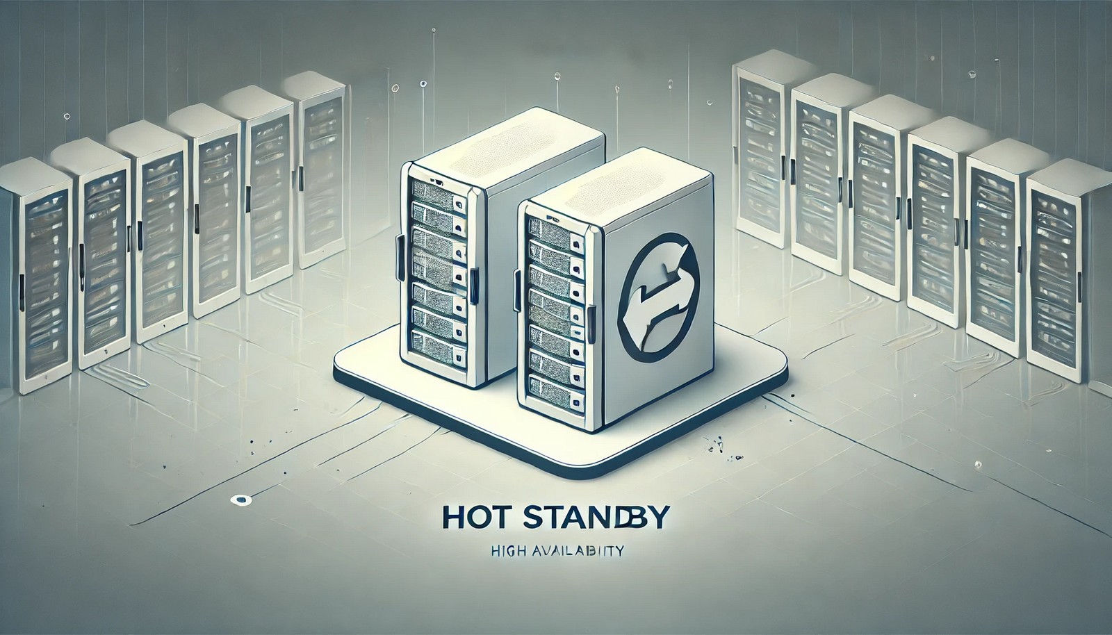 A digital illustration of two identical servers side by side in a data center, one actively processing data while the other remains on standby, ready to take over in case of failure. The background subtly shows network connections.