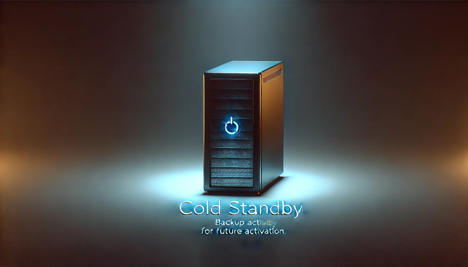 A powered-off backup server in a dimly lit environment, subtly glowing to indicate standby mode. The image represents Cold Standby, symbolizing readiness for activation in case of system failure.