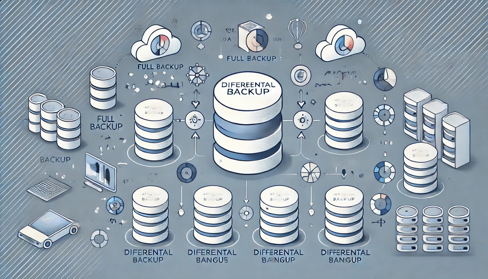 A conceptual digital illustration of a differential backup process, showing a full backup followed by smaller backups capturing only incremental changes. The image features storage icons and time progression elements in a clean, minimalistic style.