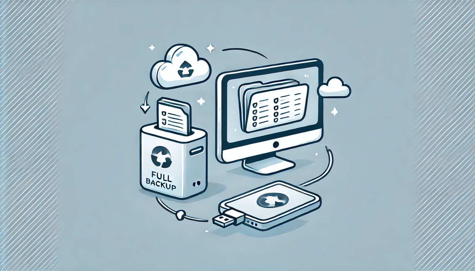 A digital illustration of a full backup process, showing a computer transferring files to an external hard drive and cloud storage. The concept is depicted with clean visuals and a smooth design.