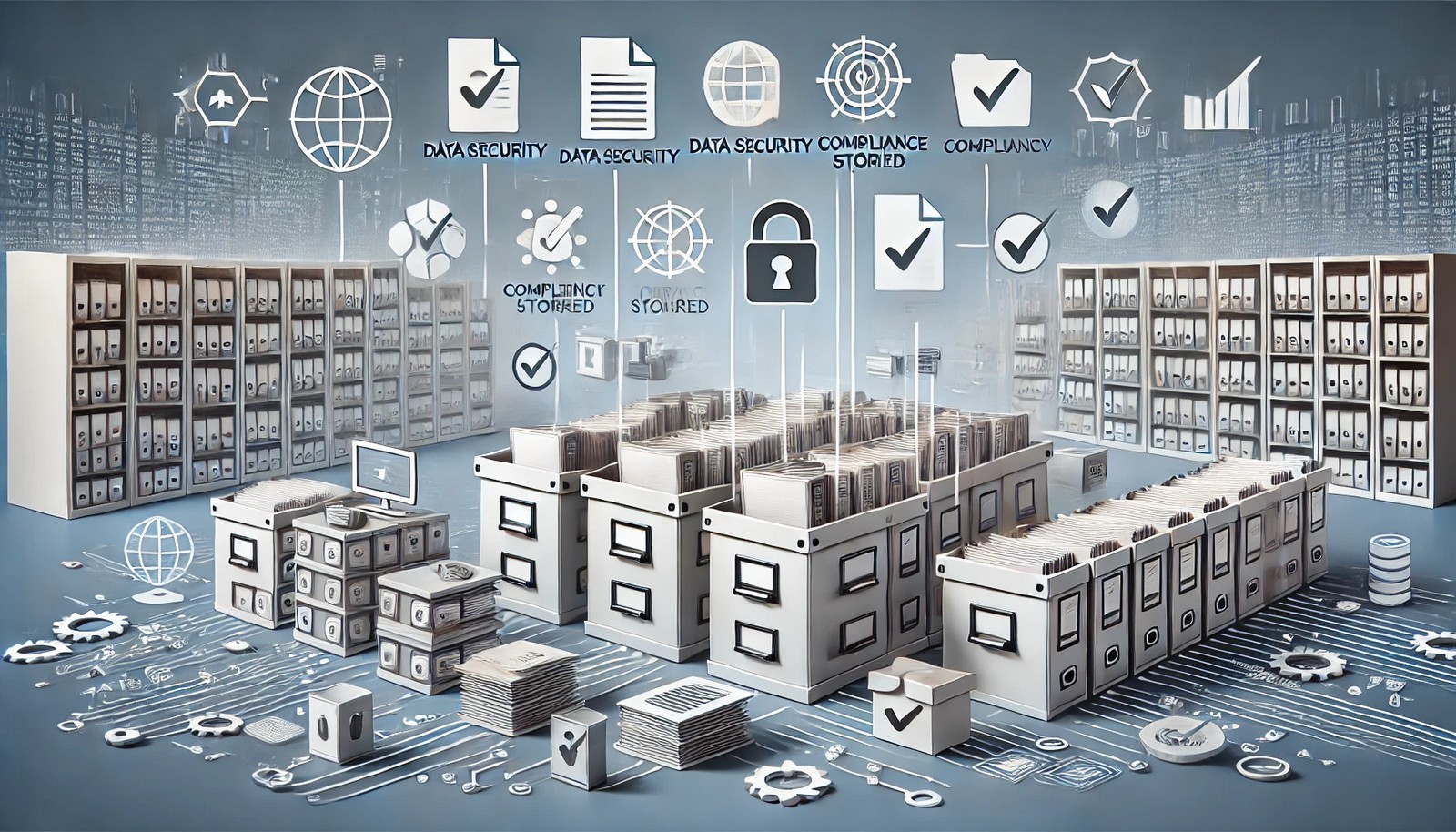 A digital illustration representing data retention policies, featuring organized files being securely stored while outdated documents are removed. The image includes symbols of data security, compliance, and automated file management in an IT setting.