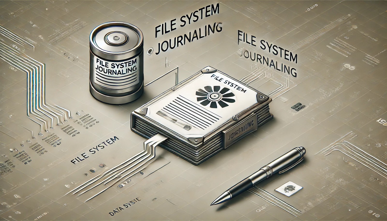 A futuristic digital illustration representing file system journaling, showing a high-tech interface recording data changes before applying them to a hard drive, symbolizing data integrity and recovery with a clean, simple design.