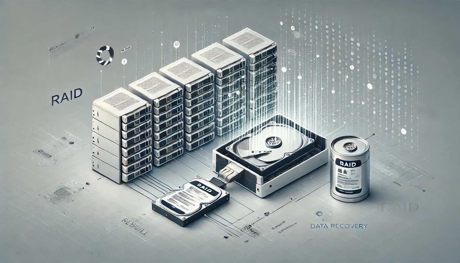 An illustration of the RAID rebuild process, showing a RAID storage array with multiple hard drives. One failed drive is being replaced, while data is reconstructed from remaining disks using a digital flow effect.