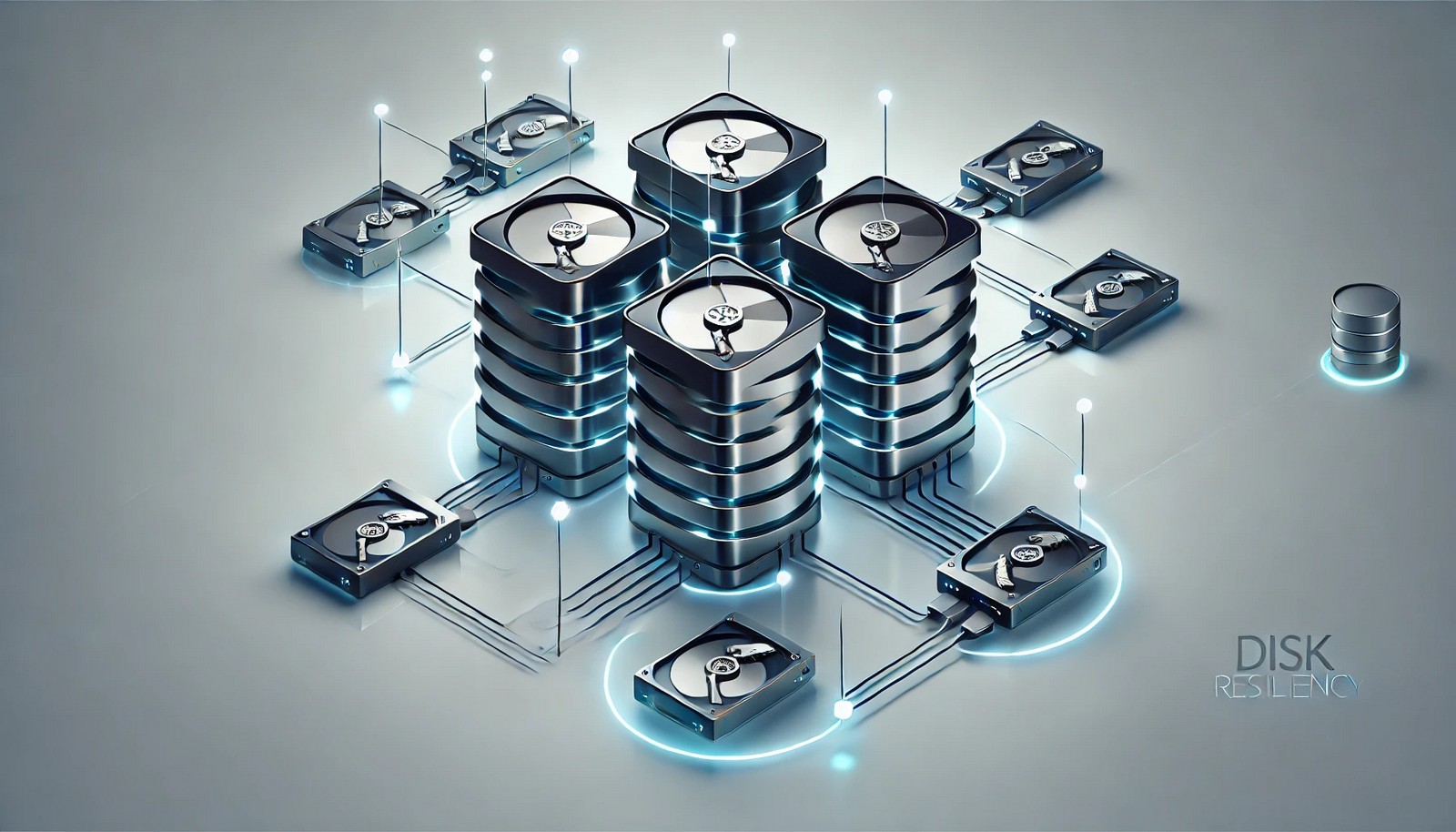 A futuristic illustration of disk resiliency featuring interconnected data storage units, including hard drives and cloud servers, with glowing redundancy paths ensuring continuous data flow despite failures, symbolizing fault tolerance and high availability.
