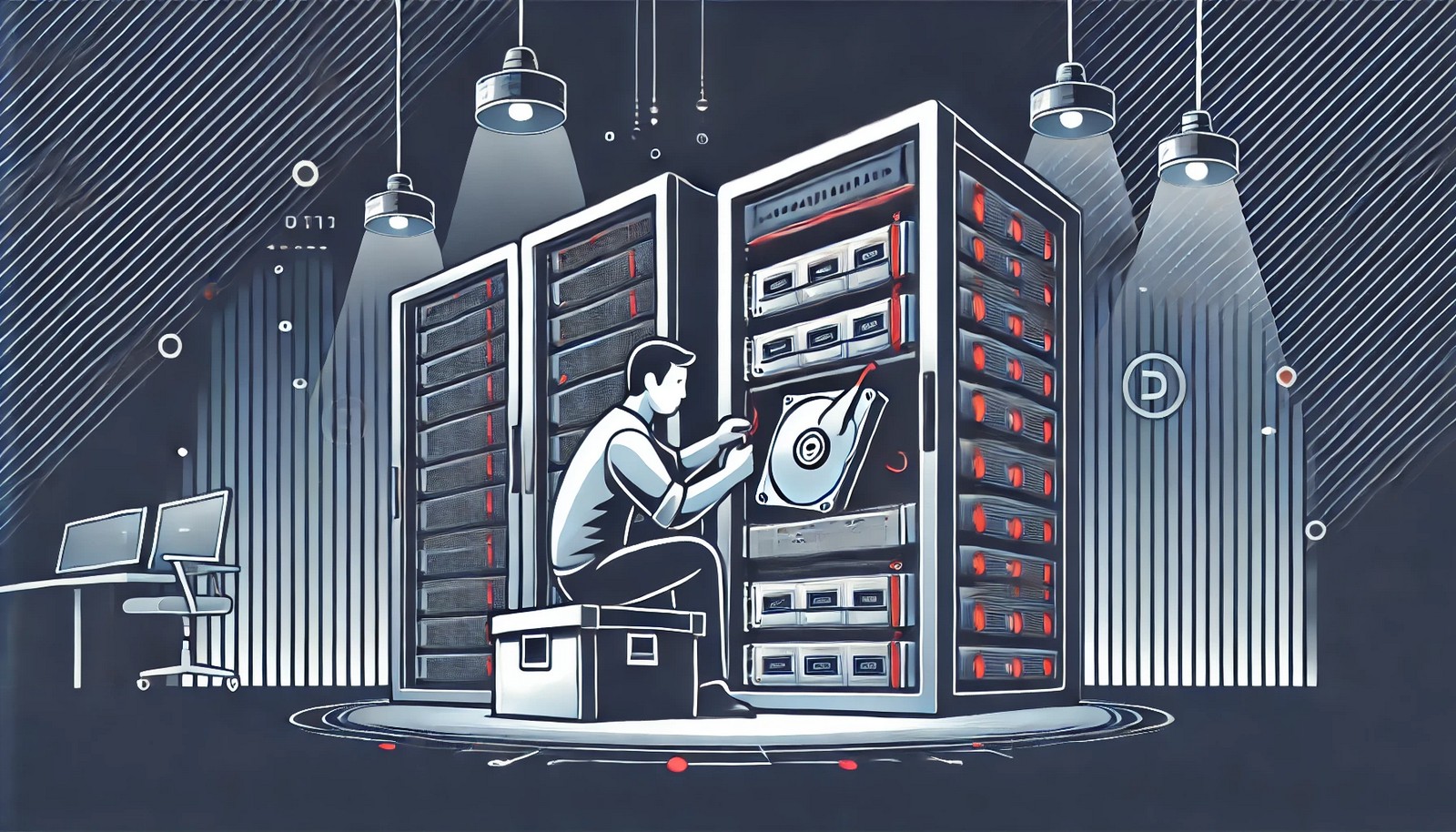 A minimalistic digital illustration of a technician performing hot swapping in a data center, removing a faulty hard drive from a live server rack. The system remains operational, with active server lights in the background.