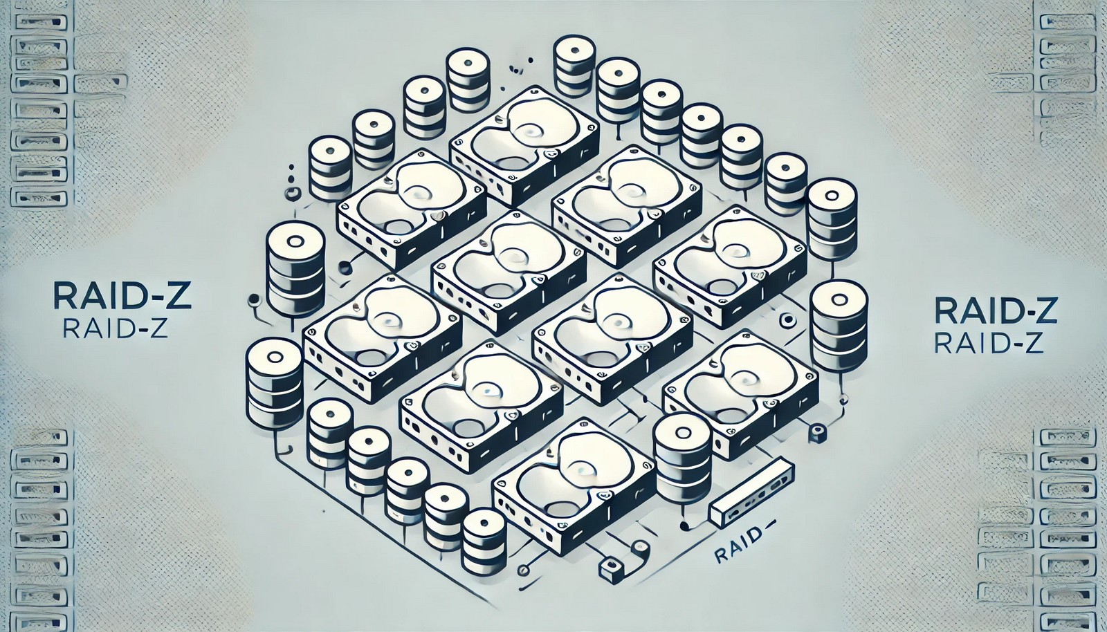 Minimalistic illustration of RAID-Z, depicting multiple hard drives in a RAID configuration. The image highlights data redundancy, parity distribution, and fault tolerance, showing the recovery process in case of drive failure.