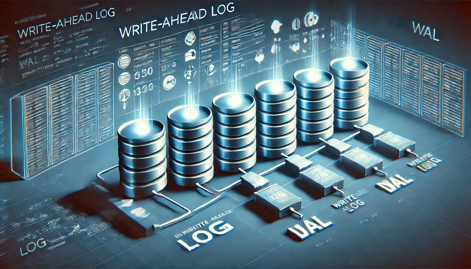 A digital illustration of a Write-Ahead Log (WAL) mechanism in databases, depicting a series of data modifications being first recorded in a structured log before being committed to secure storage, symbolizing reliability and consistency.