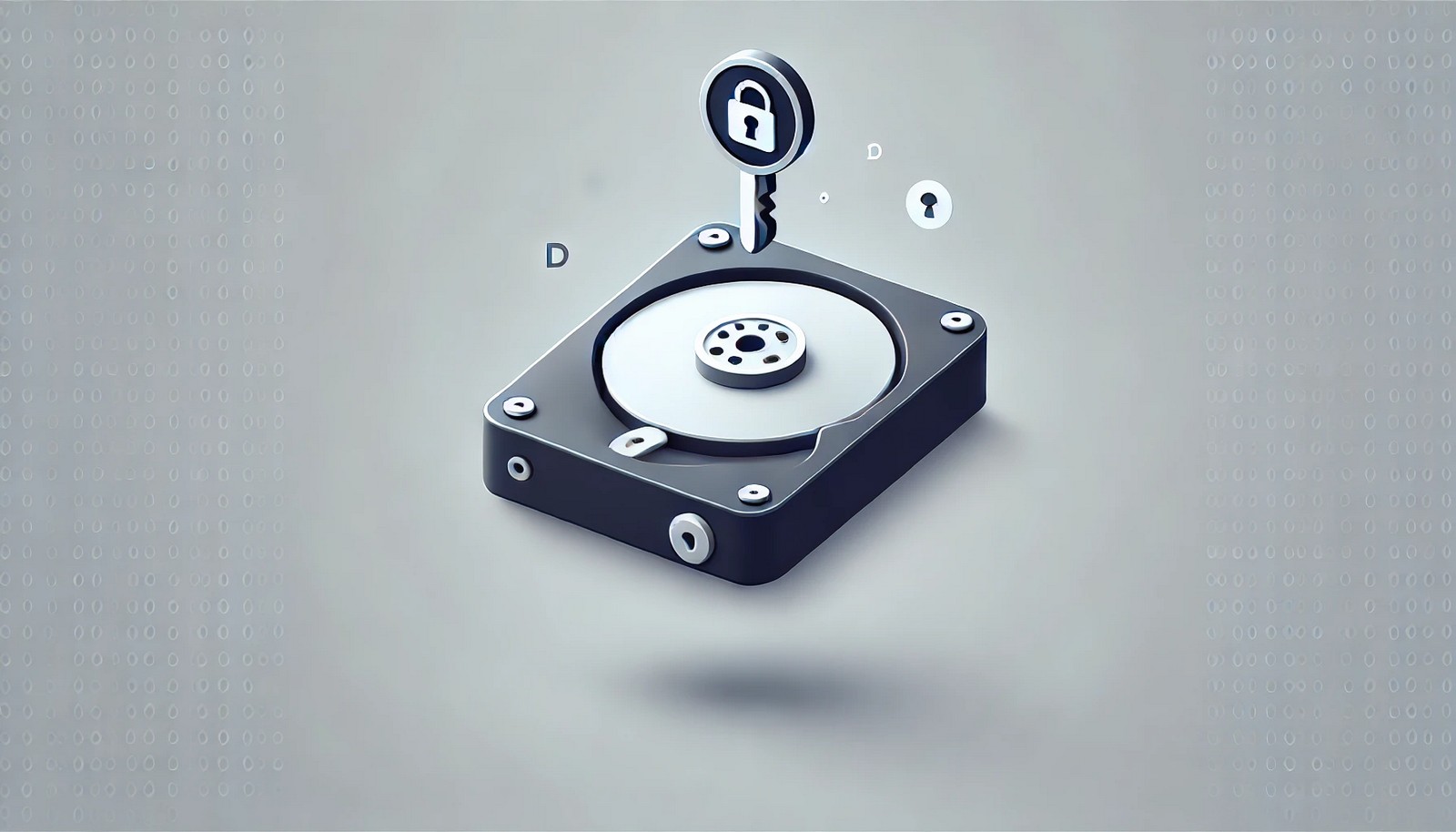 A digital illustration of a locked hard drive with an encryption key floating above it, symbolizing secure data protection. The minimalistic background keeps the focus on encryption and cybersecurity concepts.