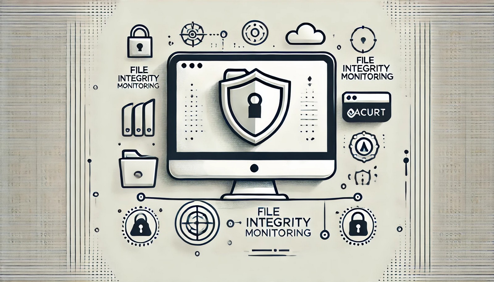 A modern, minimalistic illustration showing File Integrity Monitoring, featuring a computer screen with a file icon, a shield symbol for security, and an alert notification indicating unauthorized file changes. No text present.