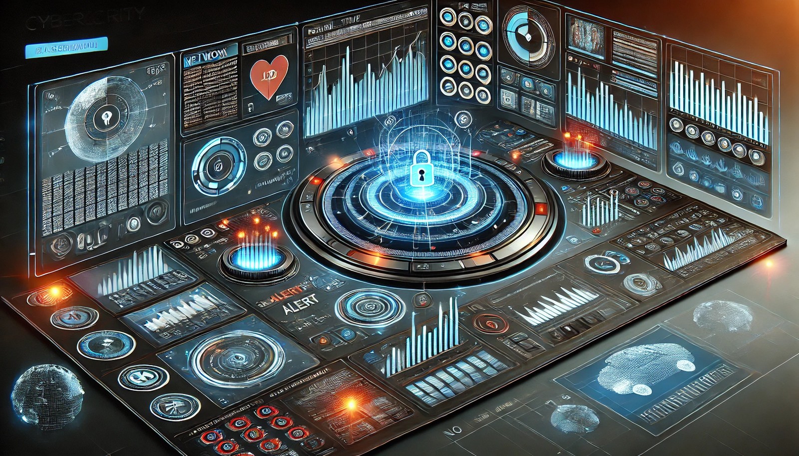 A high-tech cybersecurity dashboard visualizing real-time threat monitoring, featuring futuristic data interfaces, security alerts, and network protection elements. A centralized system analyzes digital threats and log activity in a secure environment.