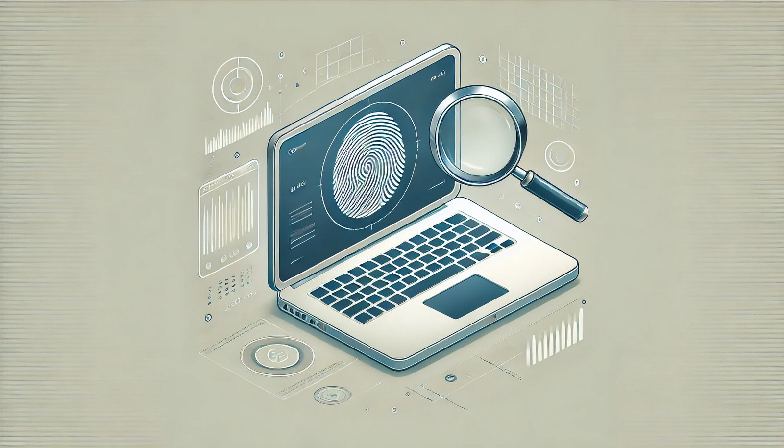 A modern digital illustration of forensic analysis tools featuring a laptop with a magnifying glass focusing on a digital fingerprint on the screen, representing digital investigation. The design is clean and minimalistic.