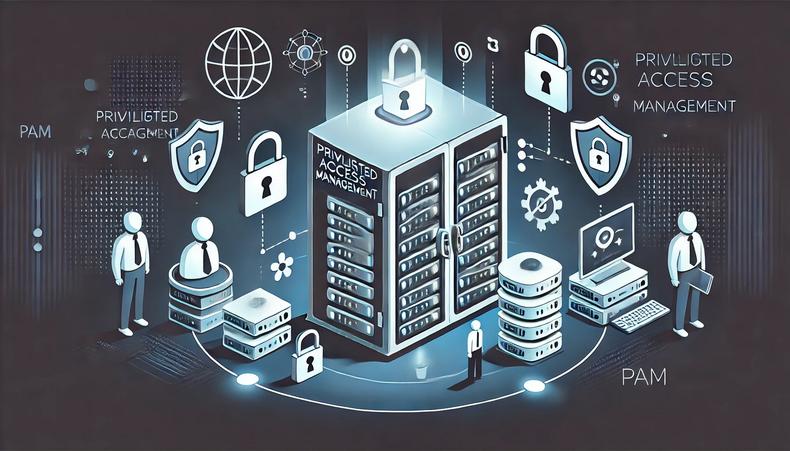 A digital illustration representing Privileged Access Management (PAM), showing a secure vault with glowing locks, authentication icons, and authorized users accessing while unauthorized attempts are blocked, symbolizing cybersecurity protection and controlled access.
