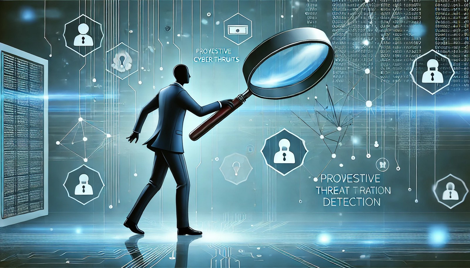 A cybersecurity professional analyzing data streams and network nodes in a digital environment, using a magnifying glass to symbolize proactive threat detection. The illustration has a high-tech, futuristic aesthetic.