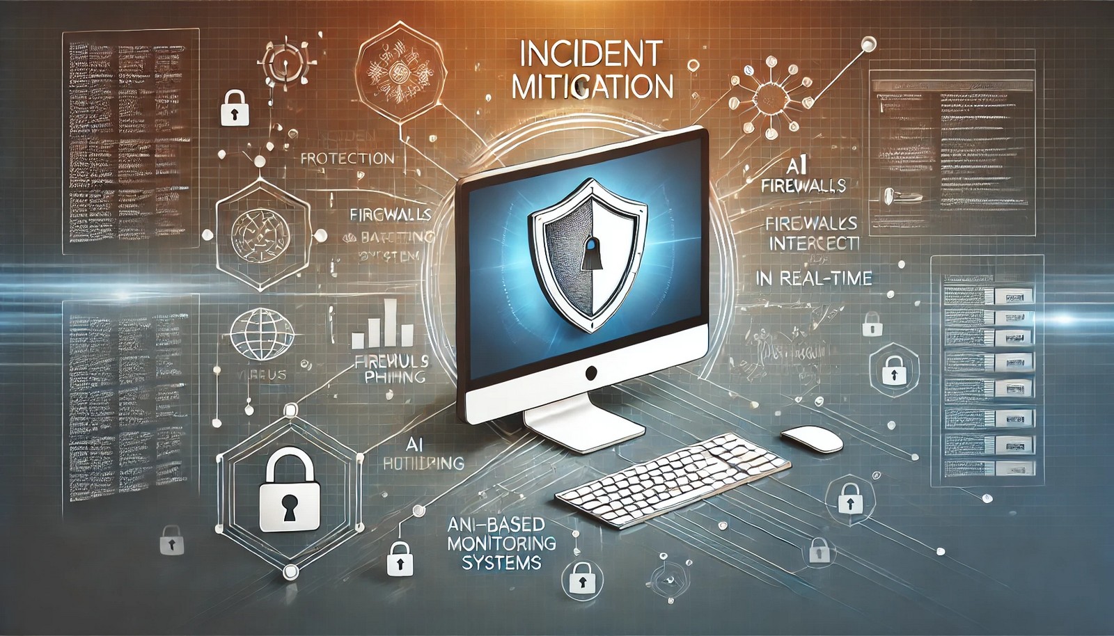 A digital illustration of cybersecurity incident mitigation, showing a computer system with a shield icon protecting against cyber threats like viruses and phishing. Firewalls and AI-based monitoring intercept threats in real-time with digital security elements in the background.
