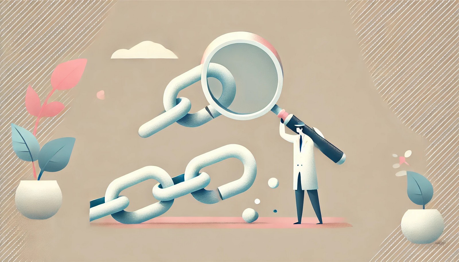 A clean and simple digital illustration of a detective closely examining a broken chain with a magnifying glass, representing Root Cause Analysis. The scene is minimalistic, using soft colors with no text.