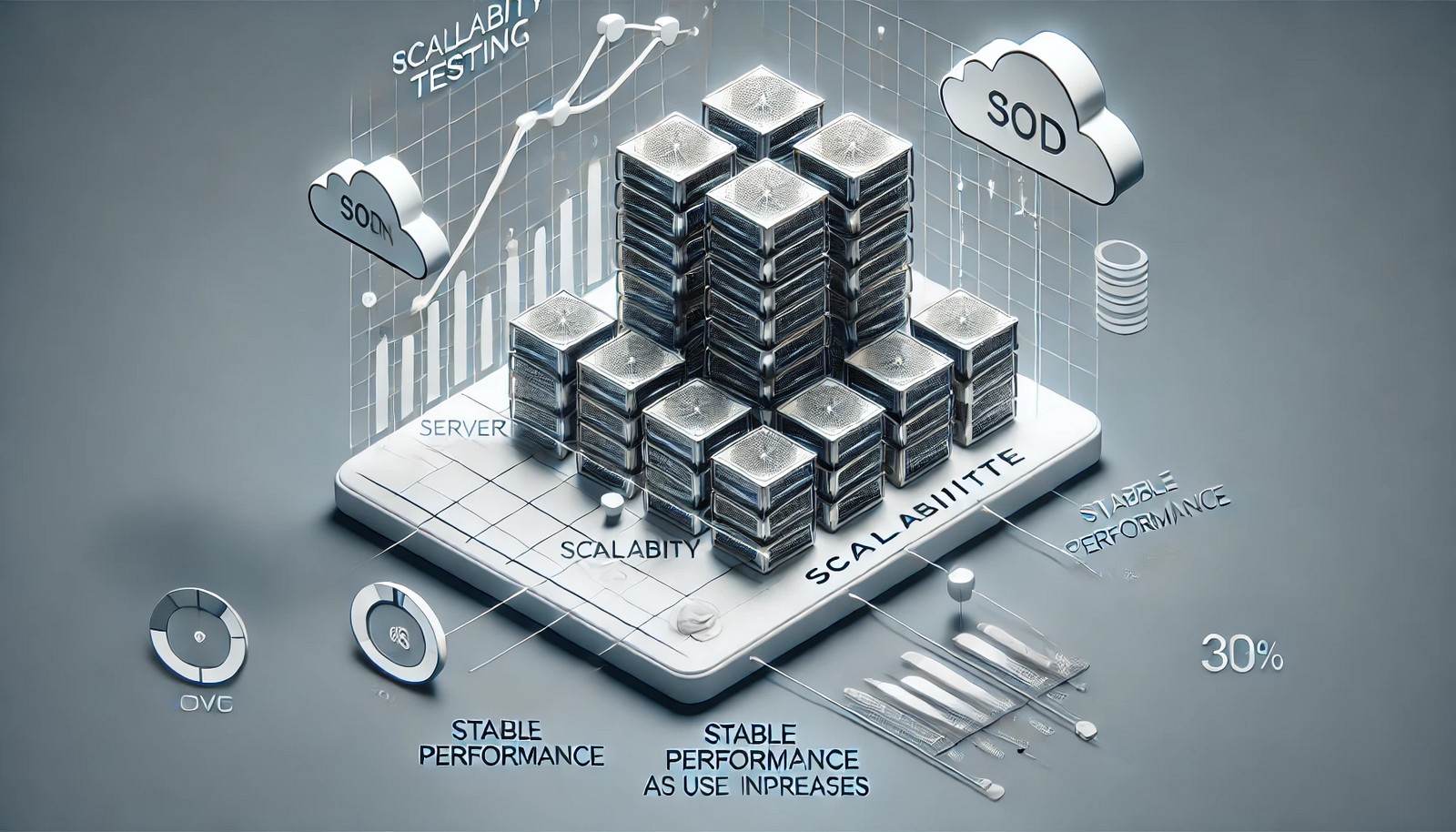 A futuristic digital illustration of scalability testing, showing a server infrastructure expanding under increased user demand. The image includes cloud elements, data flow visualization, and a performance graph indicating stable system efficiency.
