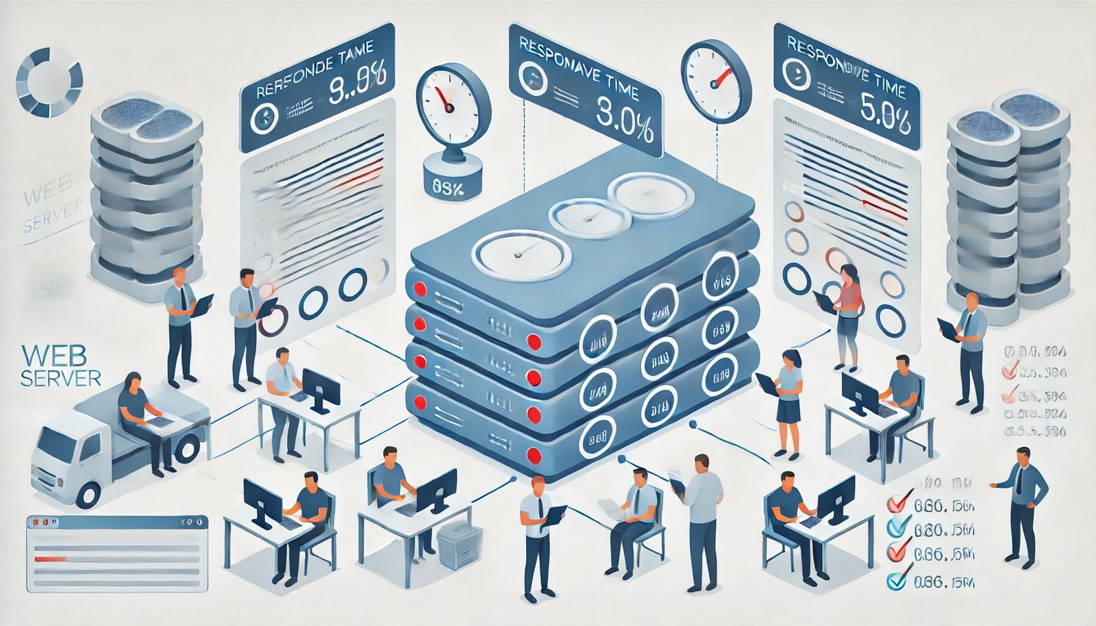 A digital illustration of a web server undergoing load testing with multiple virtual user icons sending simultaneous requests. The server displays performance metrics visually, symbolizing system analysis and stress testing, in a minimalistic style.