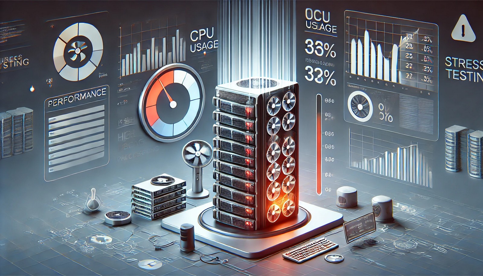 A digital illustration of an overloaded server experiencing high CPU usage, overheating components, and system strain under extreme data processing. The scene includes performance graphs and warning indicators, symbolizing software instability.