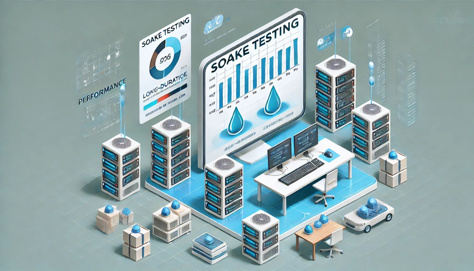 A digital illustration of soak testing, showing a computer system under continuous load with resource indicators like CPU and memory increasing. Includes performance graphs, heavy server traffic, and automated test scripts running.