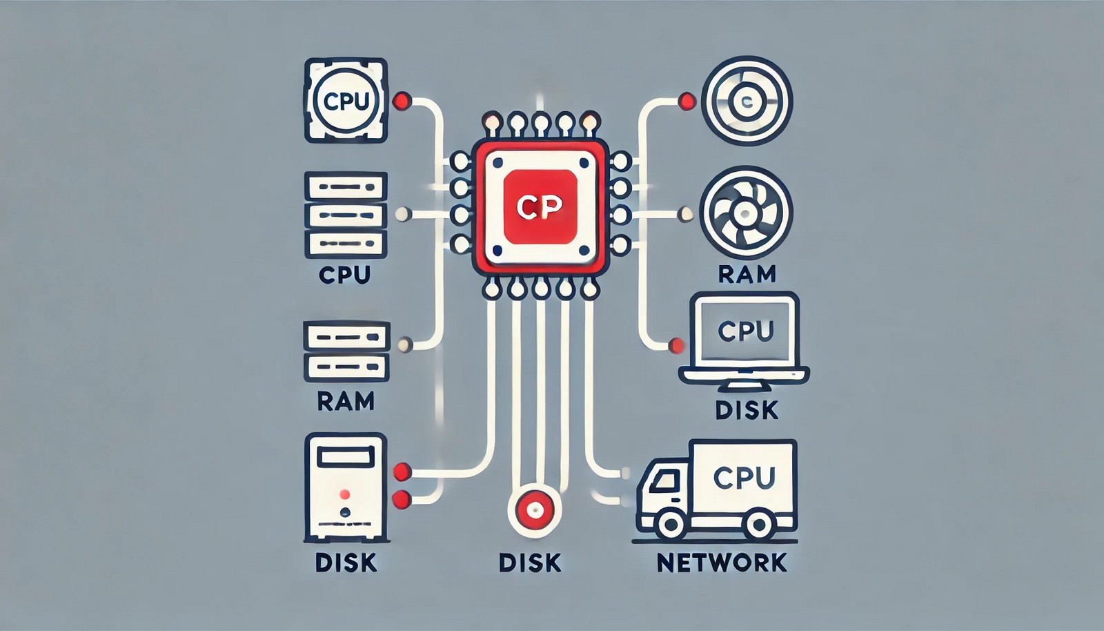 A minimalist illustration of a computer system showing CPU, RAM, disk, and network as interconnected components. A red bottleneck indicator highlights the CPU, symbolizing performance constraints and data flow restriction.