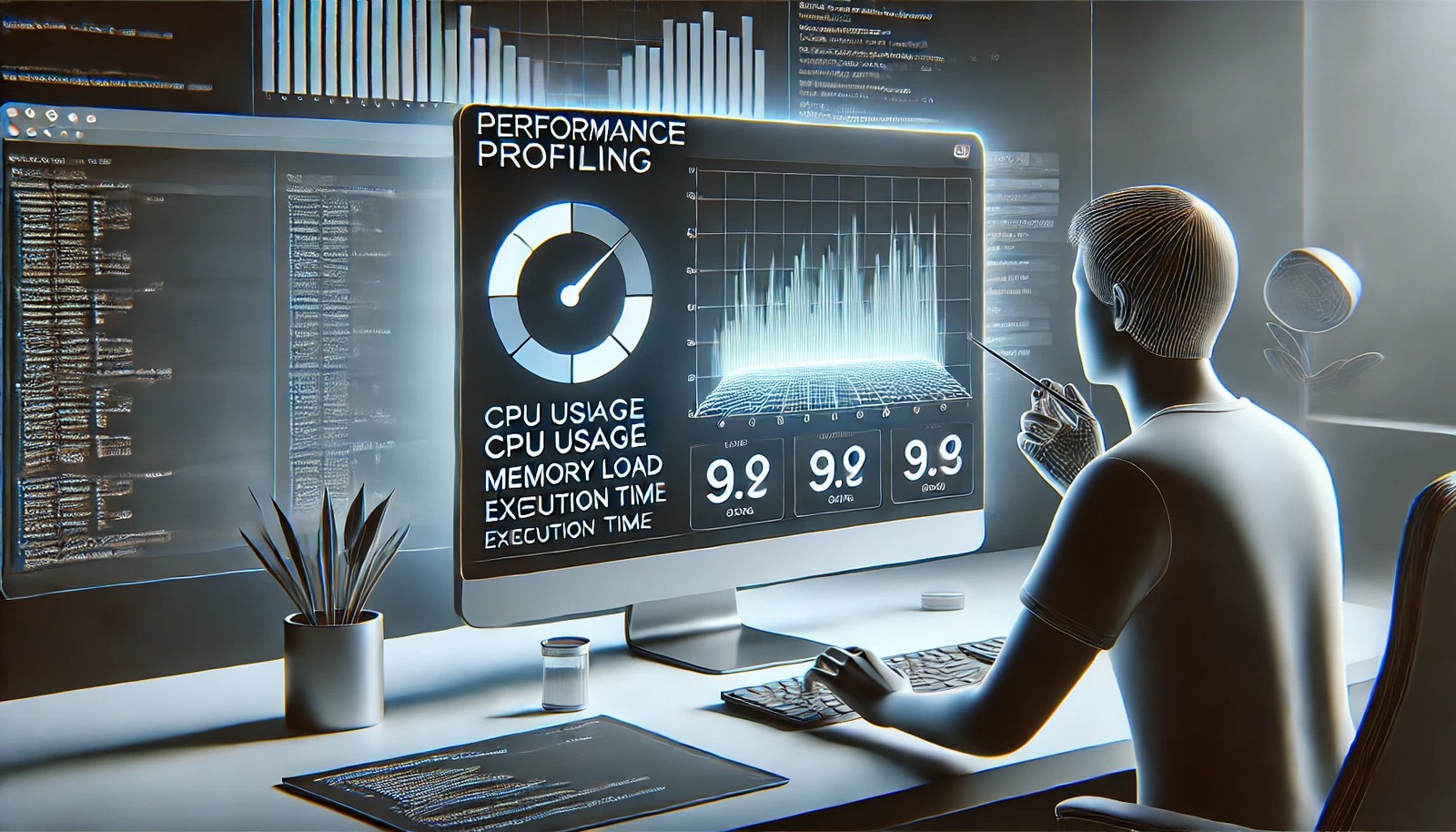 A futuristic digital illustration showcasing performance profiling in software development. A computer screen displays performance metrics like CPU usage and memory load while a developer analyzes and optimizes code in a sleek workspace.