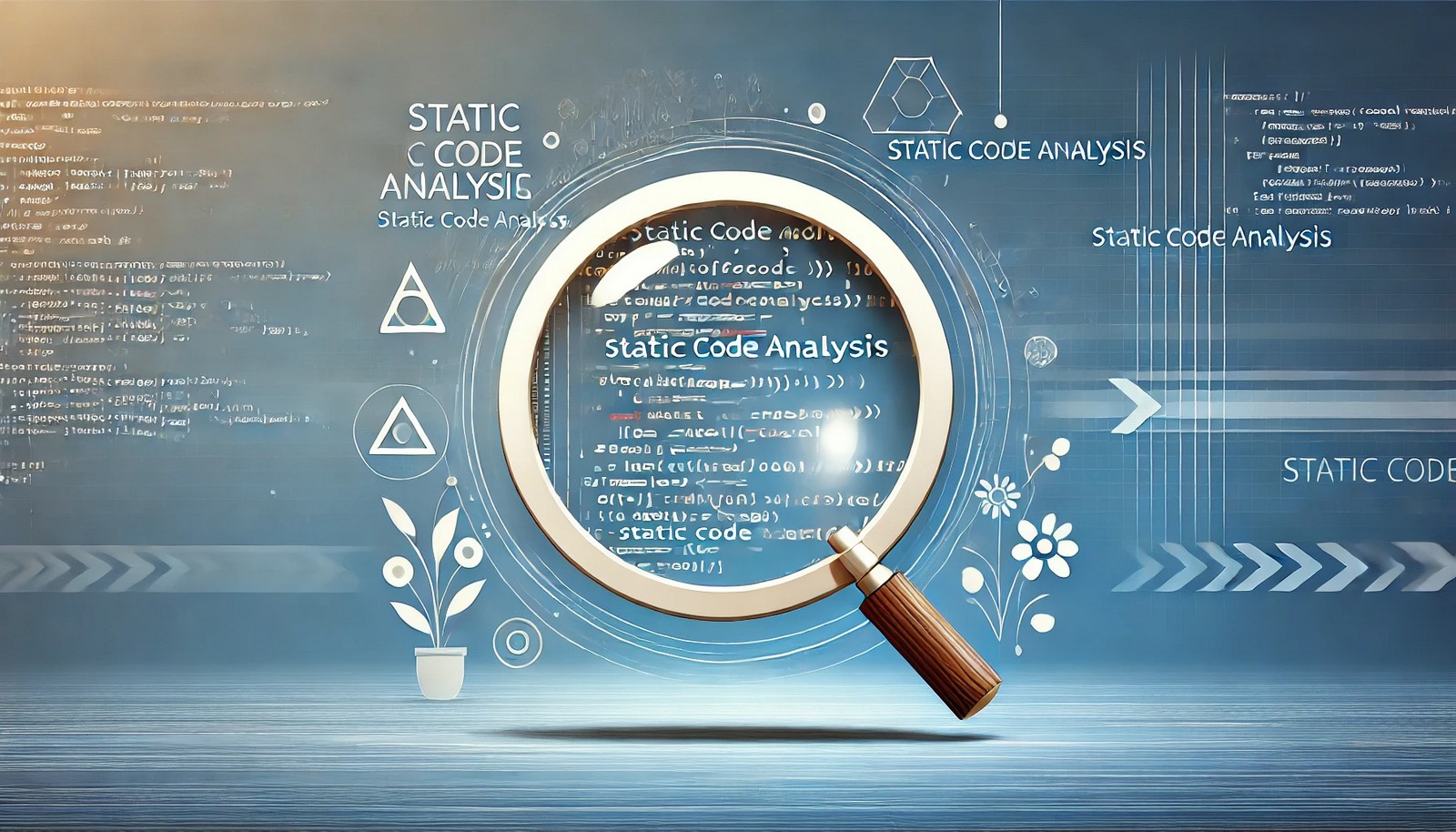An abstract illustration of Static Code Analysis featuring a magnifying glass examining stylized code symbols, representing error detection and security scanning. The background has a clean, modern, and tech-inspired design.