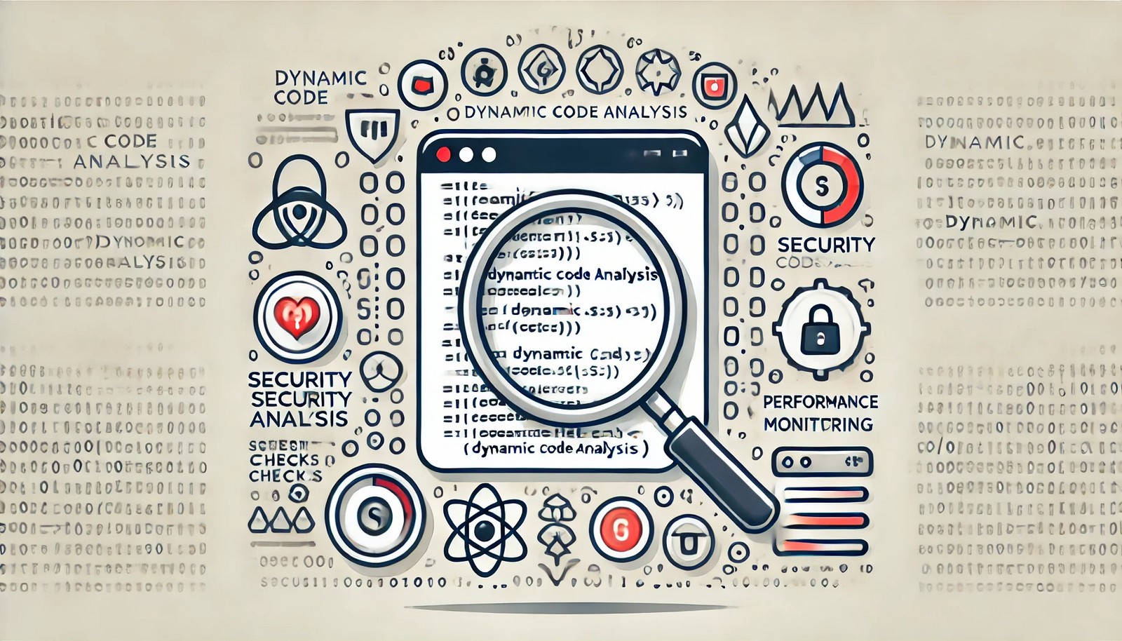  A stylized digital illustration of dynamic code analysis, showing software code being actively scanned with magnifying glasses, a progress bar, and security check symbols. The design is clean and modern, with no text.