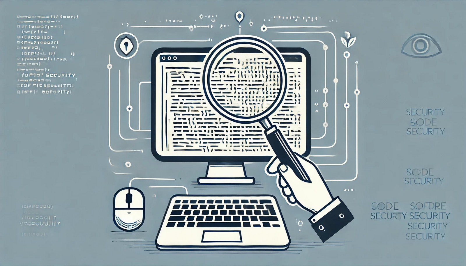 A digital illustration of a magnifying glass inspecting lines of code on a computer screen, symbolizing a security code review. The image represents cybersecurity and software security analysis in a minimalistic style.