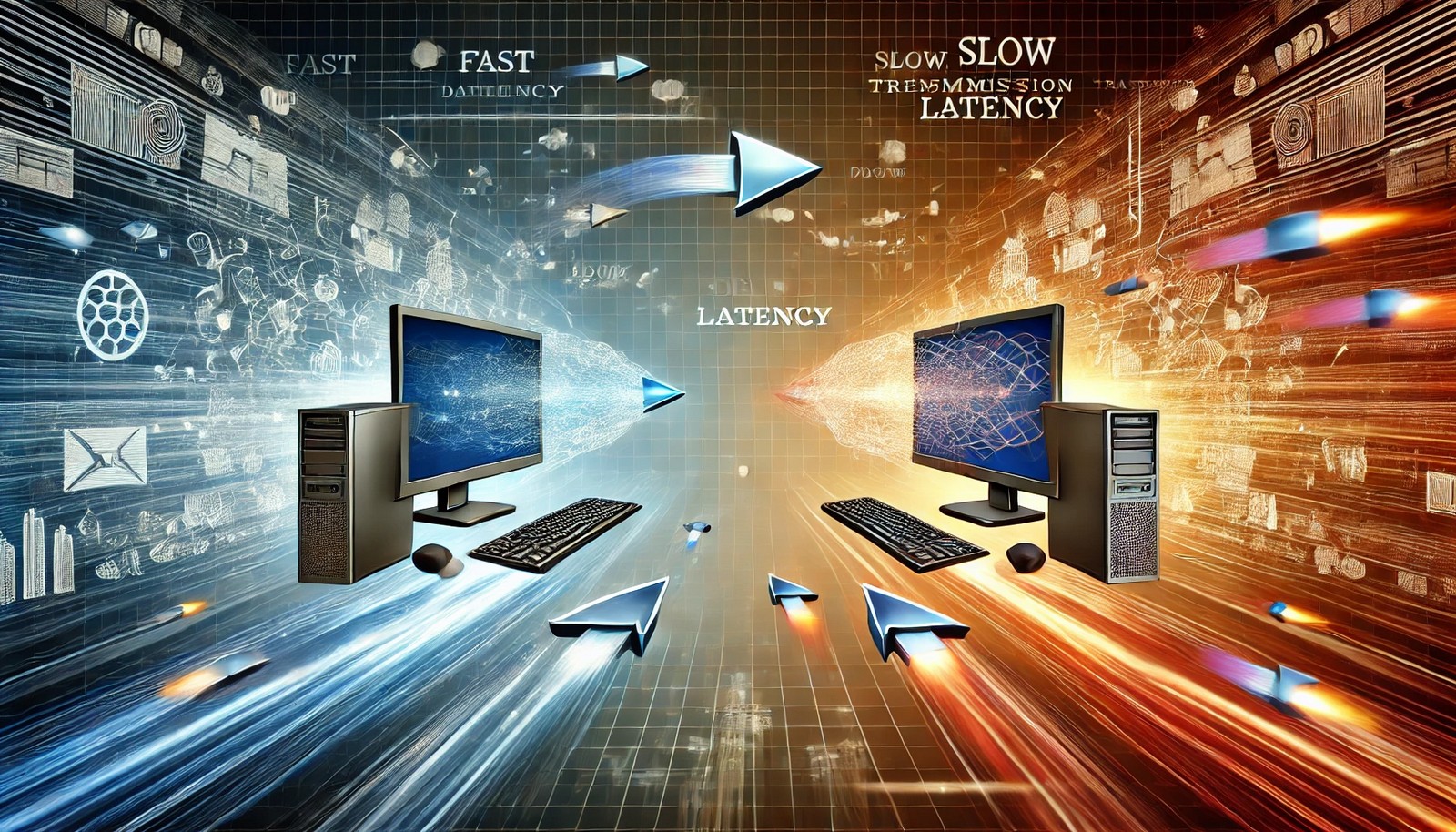A digital illustration of network latency, showing two computers exchanging data. One has fast, smooth transmission, while the other experiences delays. Digital data packets move at different speeds, depicting congestion and packet loss.