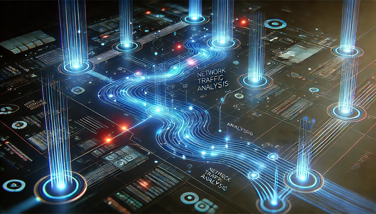 A futuristic digital illustration representing network traffic analysis, featuring glowing data packets flowing through interconnected nodes. Certain paths are highlighted to indicate monitored traffic, with a cybersecurity theme using deep blue and neon accents.