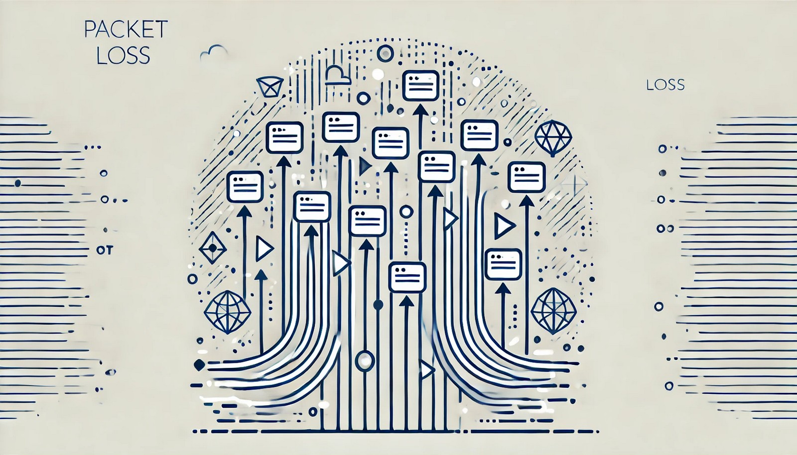A minimalist digital illustration showing packet loss in a computer network. Data packets travel from a sender to a receiver, with some packets vanishing mid-way due to network congestion or interference. No text present.