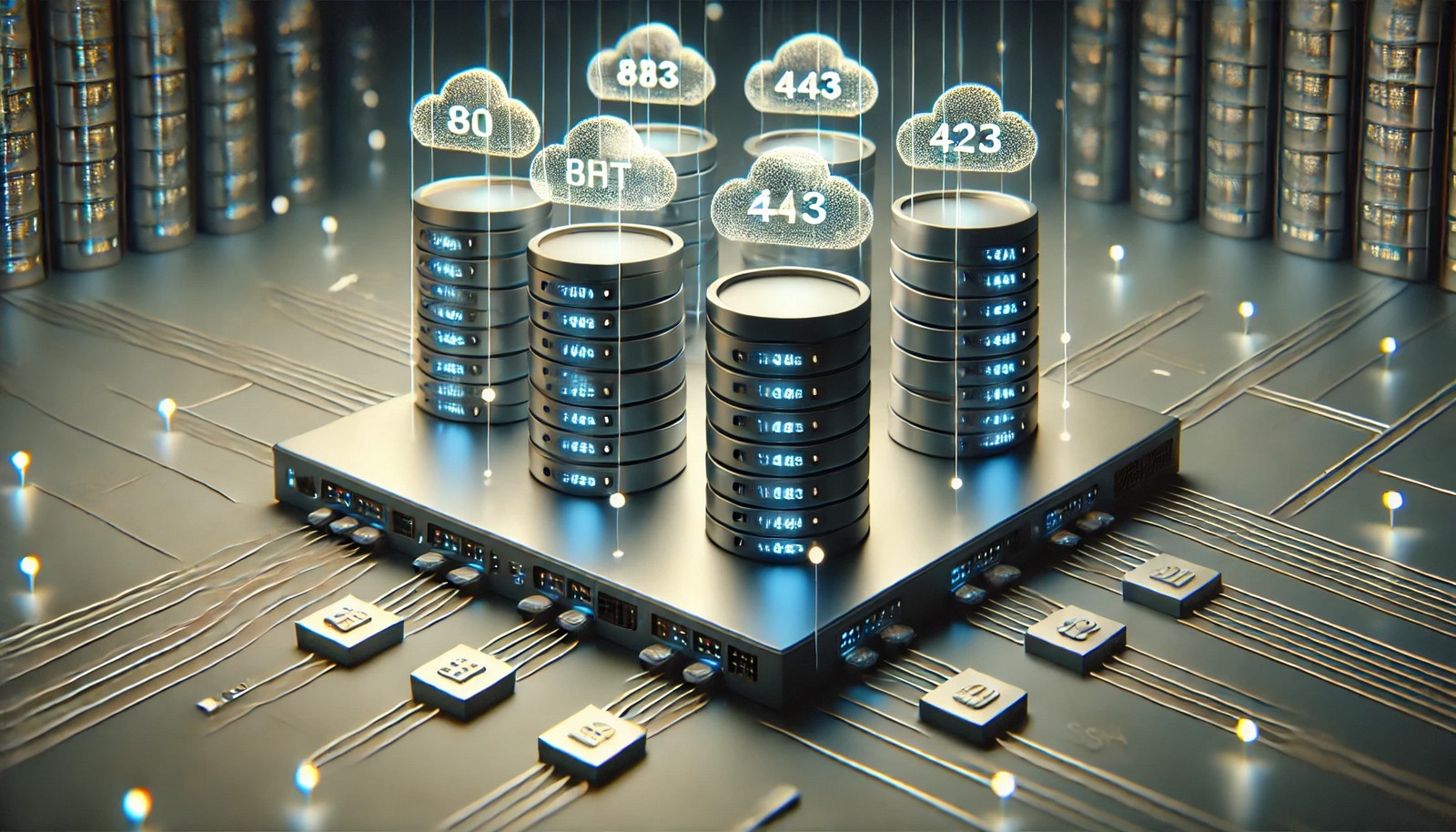 A conceptual digital illustration of port numbers in networking. A server with multiple doors symbolizes different ports, while glowing data packets move towards them, visually representing network traffic direction. No text present.