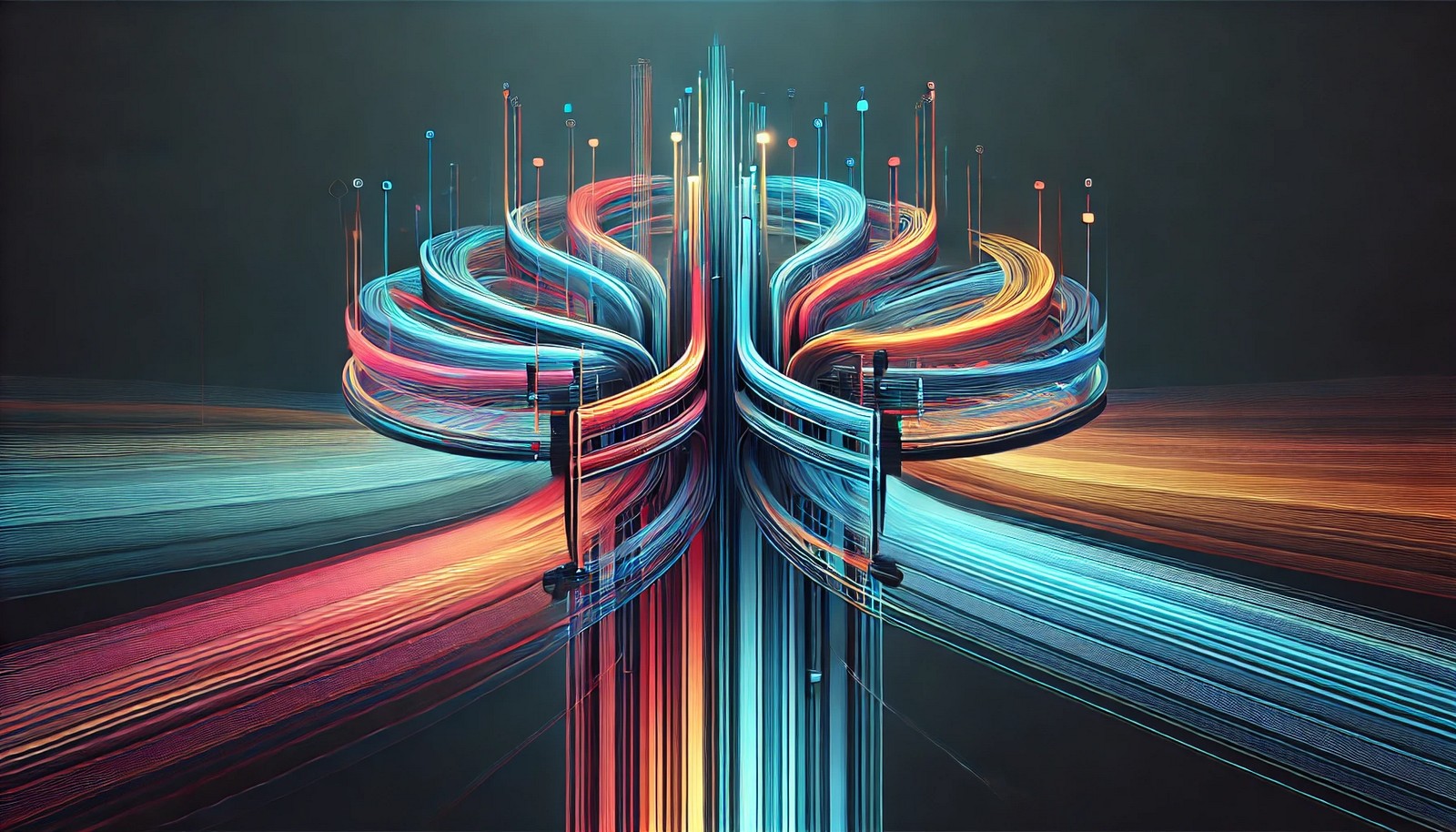 A sleek and modern illustration of multiplexing, showing multiple vibrant data streams merging into a single unified communication channel, symbolizing efficient data transmission. The futuristic design visually represents networking and signal processing concepts.