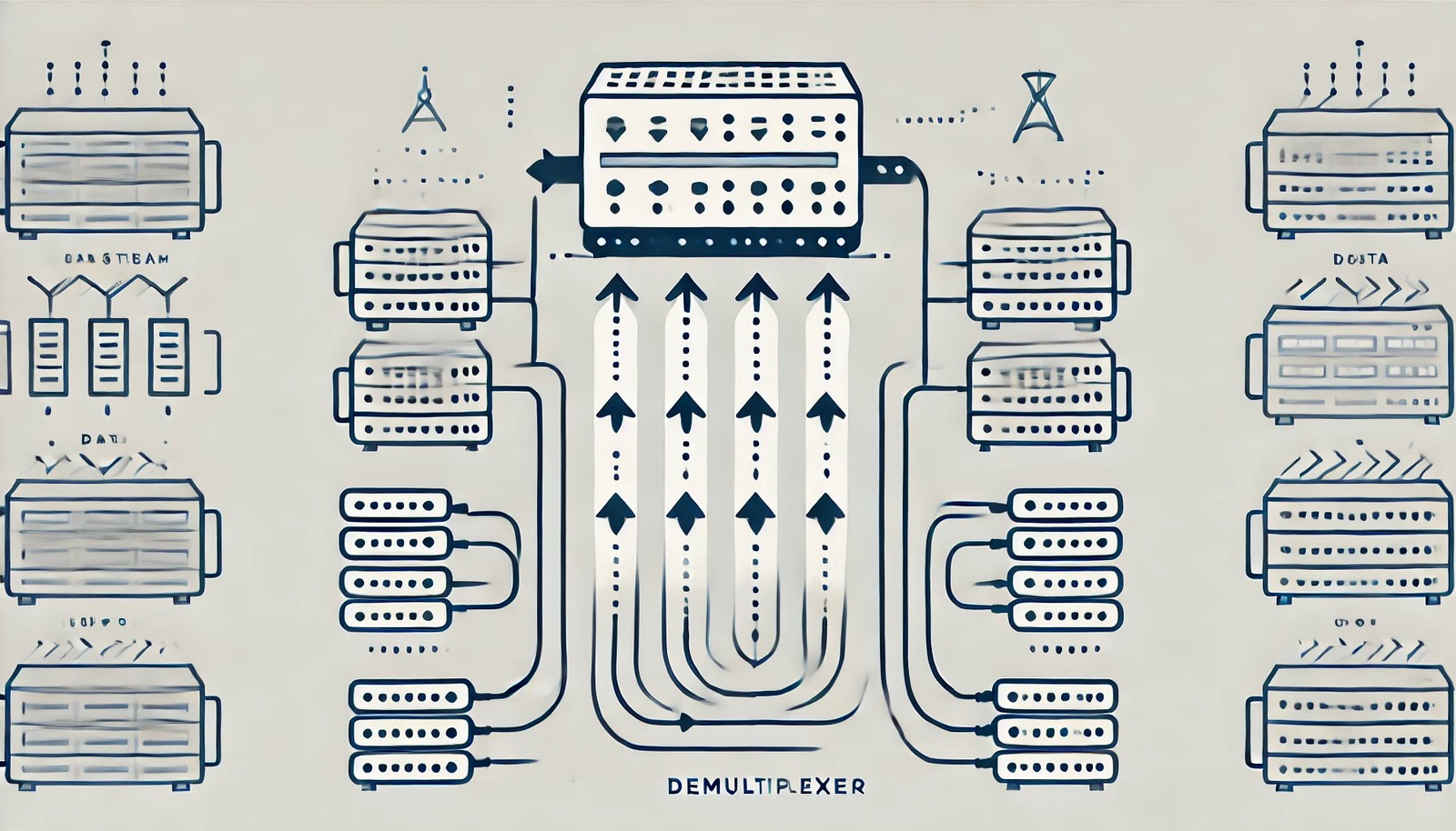 A visual representation of demultiplexing, showing a single data stream entering a demultiplexer and being split into multiple separate data outputs. Arrows indicate the data flow in a clean, minimalistic style.