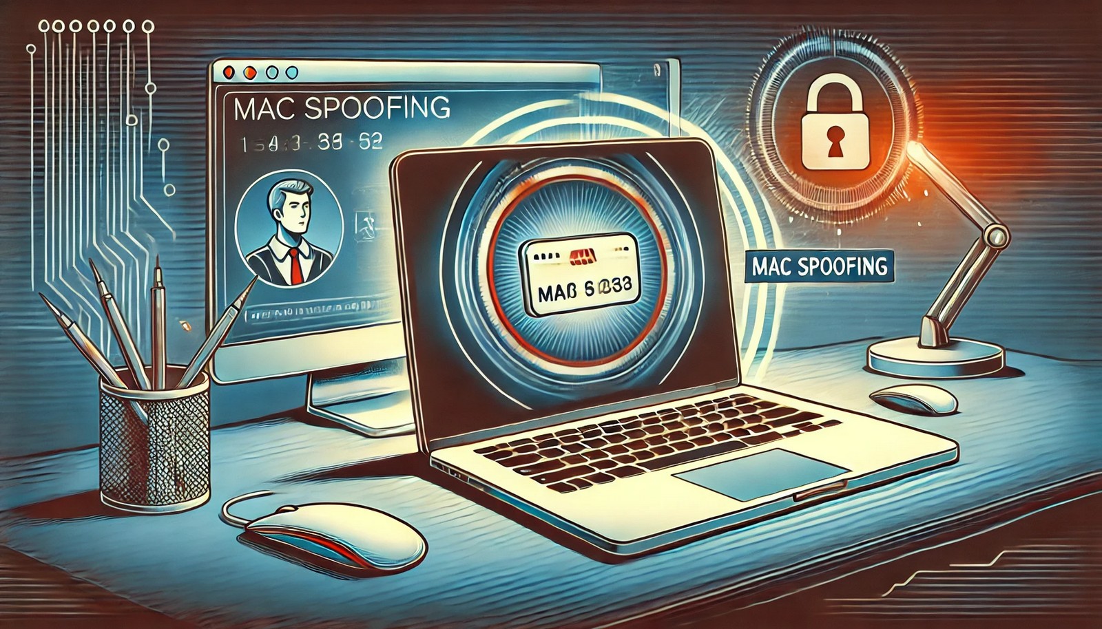 A minimalistic digital illustration of MAC Spoofing, showing a laptop with its MAC address dynamically changing on the screen while a network administrator monitors the activity on a cybersecurity interface in the background.