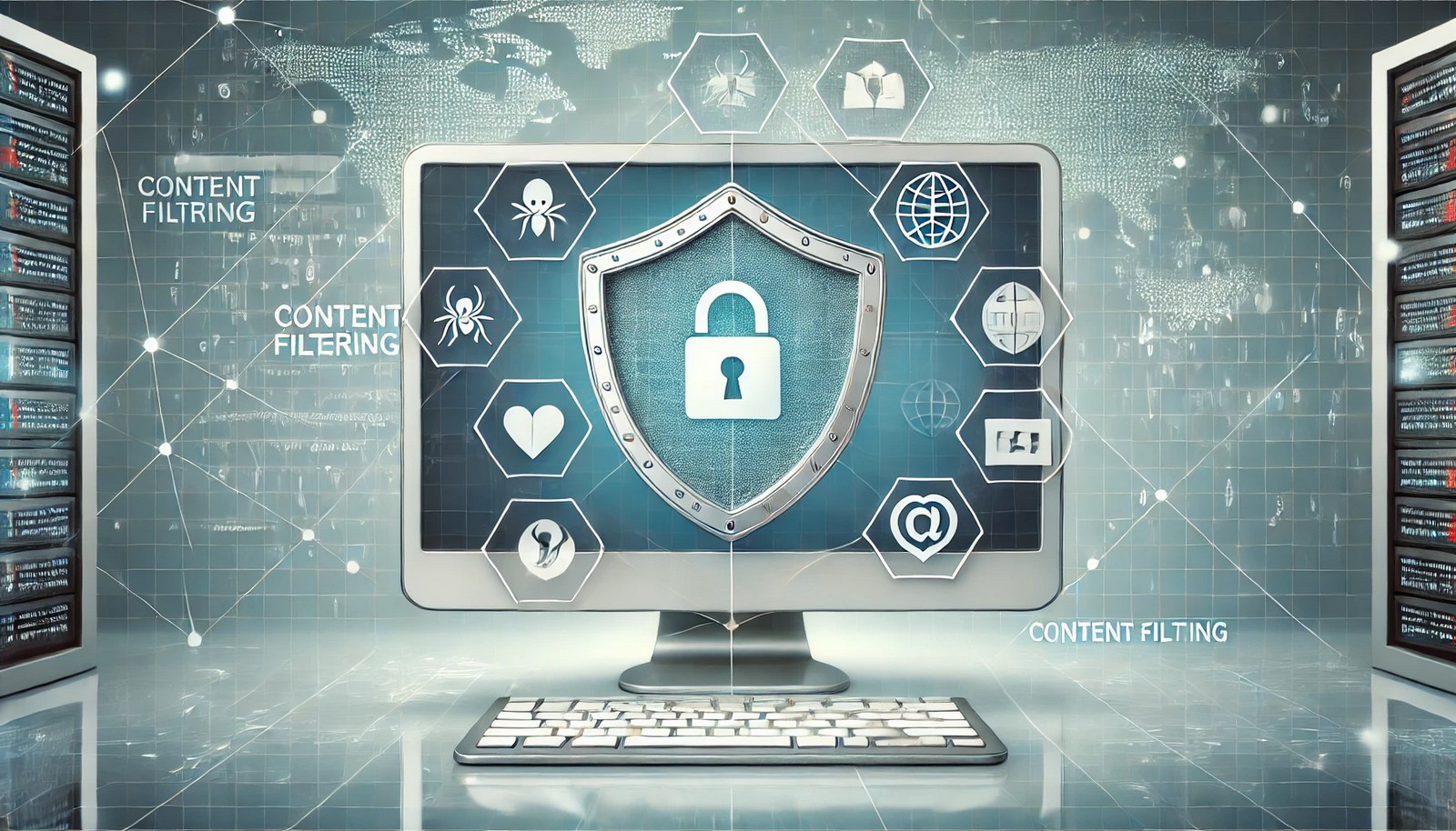 A digital illustration of content filtering featuring a computer screen with a transparent digital shield blocking icons of malware, phishing links, and explicit content, set against a subtle internet network grid background.