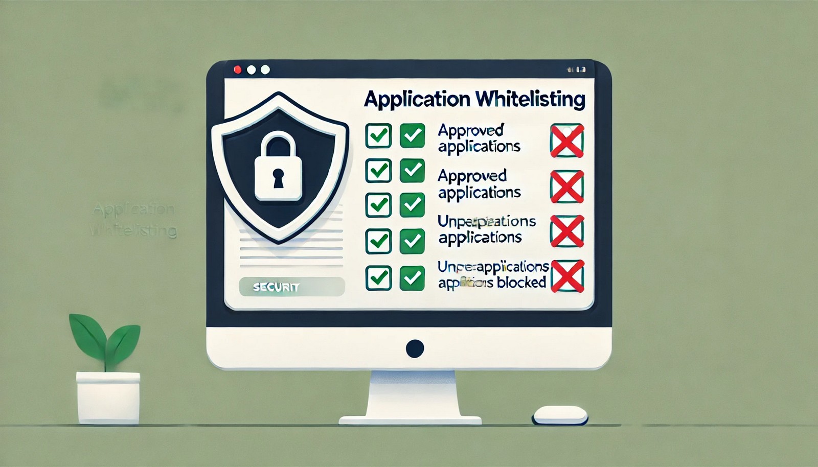 A digital illustration showing application whitelisting, with a computer screen displaying a security shield. Approved applications have green checkmarks, while blocked applications have red cross marks, emphasizing security and access control.