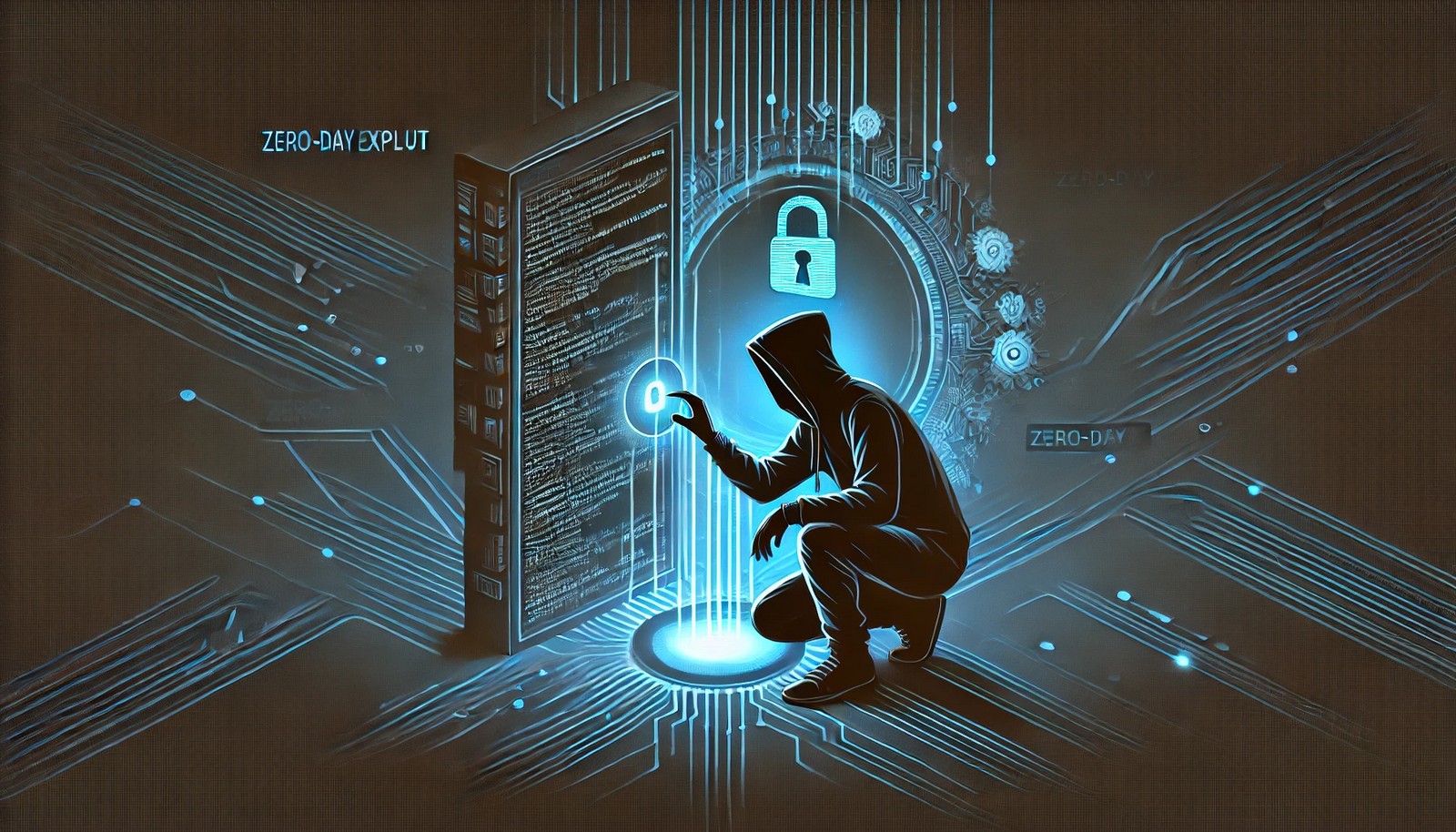 A futuristic cyberpunk-styled illustration of a hacker in a dark hoodie uncovering a hidden security vulnerability in a computer system. Glowing digital code flows around, symbolizing an unseen cyber threat.