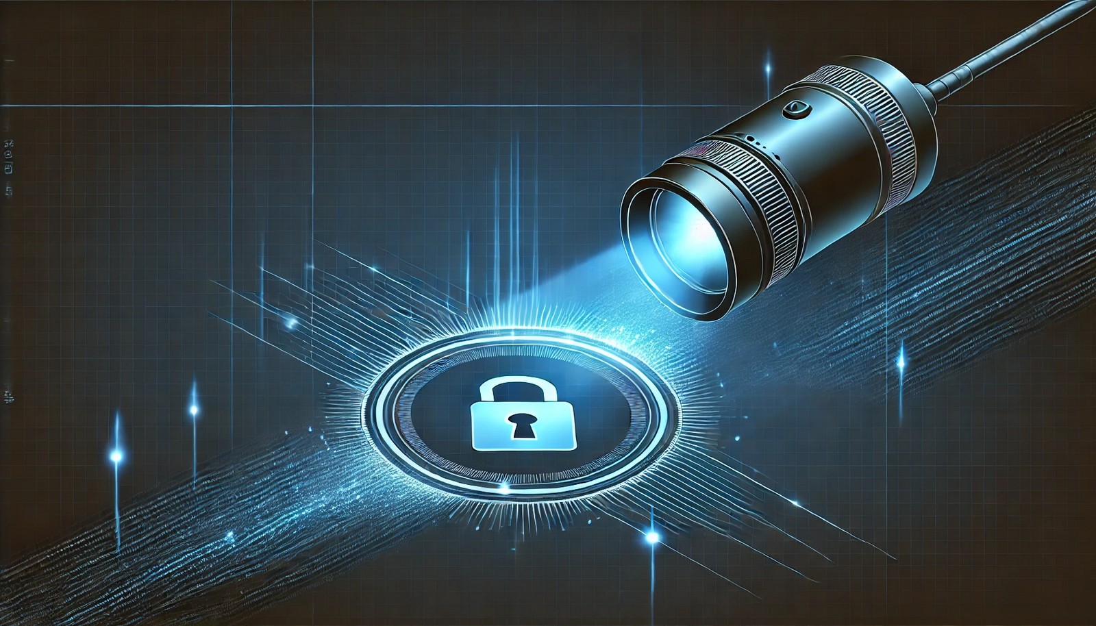 A futuristic cybersecurity illustration depicting a security scanner detecting vulnerabilities in a network. The scanner emits a scanning beam, illuminating weak points in a dark blue digital grid, highlighting security threats visually.