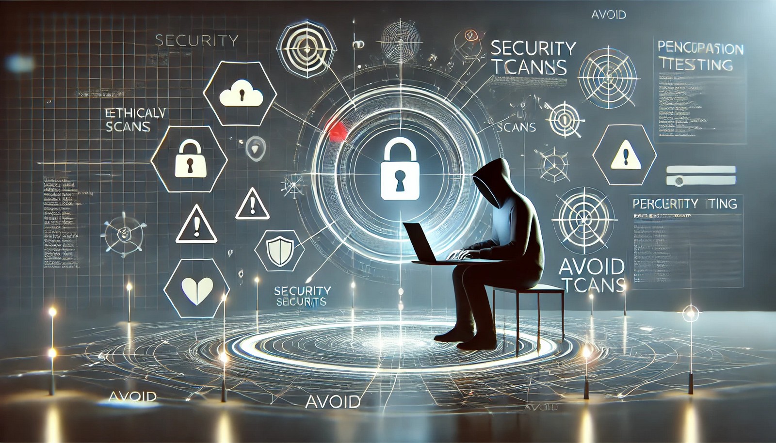 A cybersecurity expert conducting penetration testing, scanning a digital system for vulnerabilities. The illustration features security shields, warning icons, and a futuristic holographic-style interface in a modern, tech-themed aesthetic.