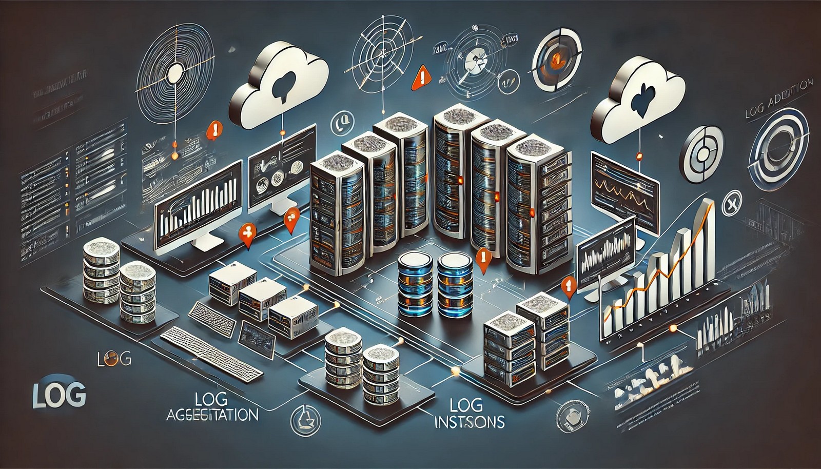 A futuristic illustration of log aggregation in an IT environment, displaying multiple servers and cloud instances sending log data to a centralized dashboard. The dashboard features graphs and alert icons, emphasizing real-time monitoring and data analysis.
